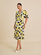 economico Abiti da donna-Femminile Abito Elegante Abito Midi Giallo Manica Corta Astratto Estate Primavera Autunno Scollo a V Elegante Abito elegante S M L