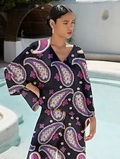 economico camicie, top e camicette-camicetta da donna in raso liscio viola con stampa paisley, vestibilità ampia, scollo a V, top corto