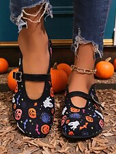 abordables Pour les femmes-Ballerines Mary Jane pour femme, style Halloween – Chaussures vintage à imprimé fantômes et citrouilles avec bride à boucle pour soirée costumée, collecte de bonbons et tenue décontractée