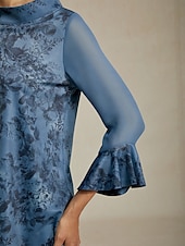 abordables Chemises et blouses-Chemisier femme gris bleu fleuri col montant manches à empiècements transparents ourlet asymétrique coupe confortable décontracté vacances printemps été automne