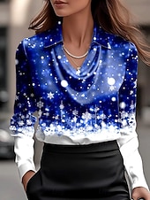 billige Julebluser og -skjorter-Jul Dame Skjorte Nyanse Grafisk Snøfnugg Elegant Stilfull Fritid Langermet Cowl-hals Vanlige topper Arbeid Festkveldsklær Daglig Rynket Drapering Vin Blå Lilla Høst Vinter
