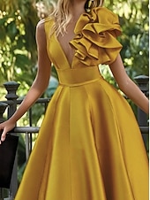 cheap Empire Waist Evening Dresses-A-Line Floor Length Prom Dresses Evening Gown Ball Gown Formal Dress Elegant Party Sleeveless V Neck Formal Wedding Guest Satin with Shouder Flower