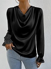 abordables Hauts habillés-Femmes Chemise Chemise en satin Uni Élégant Occasionnel manche longue Col Bénitier Hauts Réguliers Quotidien Sortir Drapé Noir Rose Claire Vert Abricot Printemps Automne