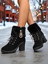 Botas femininas de couro sintético marrom com punho de pele e salto grosso – botas quentes de inverno com cadarço e detalhes de strass para mulheres, perfeitas para uso ao ar livre, casual e de férias