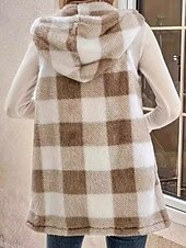 billiga Fleece-fodrade jackor-Dam Vinterkappa Fleeceväst Sherpajacka Bekväm Andningsfunktion Mönster Ledigt Rutig Semester Gata Ledigt Dagliga kläder Öppen front Normal Huva Normal Ärmlös Ytterkläder Kaki Vår Höst