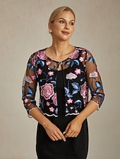 levne Blazery a obleky-Dámské Blejzr Lehká váha Krajka Výšivka Elegantní Květinový Formální Krátké Výstřih ke krku Běžný 3/4 délka rukávu Svrchní oděvy Fuchsiová Léto Jaro