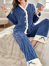 abordables Ropa para estar en casa para mujeres-Mujer Pijamas Ropa de salón Conjunto pijama 2 Piezas Confort Suave Retazos Cintura elástica Botones Pantalón Hogar Diario Cama Manga Larga Escote en Pico Azul Oscuro Otoño Invierno