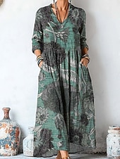 tanie Sukienki boho-Damskie Sukienka maxi Sukienka letnia Plisowana sukienka Urlop Codzienny Boho Wyjściowe Plaża Graficzny W Tureckie Wzory Długi rękaw W serek Fioletowy Brązowy Zielony Szary Wiosna Jesień Zima