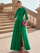 cheap Floor Length-A-Line Floor Length Shirt Dress Formal Dress Evening Gown Long Sleeve Shirt Collar Elegant Formal Satin Mother of the Bride Dress with Slit