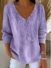 abordables Motifs graphiques et détails-Femmes Pull Élégant Mode Streetwear Fleuri Graphique Col en V Tricoté manche longue Hauts Réguliers Tricoter Week-end Gingembre Violet Automne Hiver