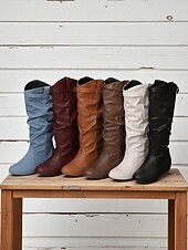levne Slouch Boots-Dámské Boty Slouchy boty Jezdecké boty Denní Boty do lýtka Přezky Skryté pata Oblá špička Na běžné nošení Denim Umělá kůže Zip Fialová Světle hnědá Tmavěhnědá