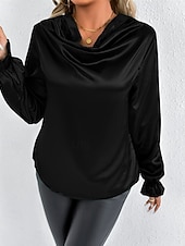 Недорогие Нарядные блузки-Жен. Рубашка Elegant Нарядный Атласный верх Драпировка Сплошной цвет Стиль На каждый день Длинный рукав Вырез-хомут Обычные топы Повседневные На выход Черный Розовый Зеленый Абрикосовый Весна Осень