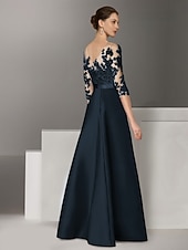 abordables Longueur du plancher-Robes de Soirée Mère de la Mariée A-Ligne Élégante Robe Invité de Mariage Traîne Balayeuse  Pince Manches Longues Col Arrondi Satin avec Appliques