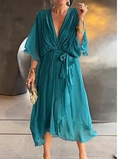 preiswerte Einfaches Kleid-Damen Maxikleid A Linie Kleid Lässig Täglich Normale Passform Einfach Dreiviertelarm V Ausschnitt Schwarz Blau Orange Grün Frühling Herbst