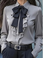 billiga Dressiga toppar-Dam Elegant Satin Blus Slät Elegant Långärmad Tröjkrage Vanliga toppar Dagligen Volang Rosett Svart Vit Rubinrött Grå Höst