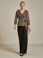 economico Top eleganti-Per donna Top avvolgenti Camicetta trasparente Top Eleganti Elegante Festa Manica Lunga Manica a Lanterna Scollo a V Top Regolari Ospite di nozze Abbigliamento da sera Semi-Formale Pieghettato