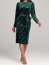 preiswerte abendkleider-Damen Midikleid Samtkleid Cocktailkleid Elegant Mode Modern Outdoor Party Party-Abendmode Normale Passform Einfach Langarm Rundhalsausschnitt Grün Frühling Herbst