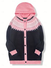 billige Cardigans og yttertøy-Dame Kofte Daglig Fritid Grafisk Geometrisk Riflet Med hette Lomme Knapper Trykt mønster Langermet Lange topper Strikke utendørs Helg Rosa Blå Høst Vinter