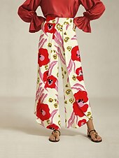 voordelige damesbroeken-dames wijde broek satijn rood bloemenprint voorkant overlapping split lente herfst