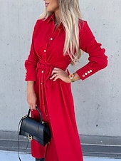 abordables Robe Simple-Femmes Robe Midi Robe trapèze Occasionnel Quotidien Coupe régulière Uni manche longue Revers Noir Rouge Vert Abricot Printemps Automne Hiver