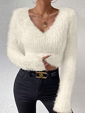 abordables Couleurs unies-Femmes Pull Mode Occasionnel Couleur Unie Côtelé Col en V Tricoté manche longue Hauts Réguliers Tricoter Extérieur Quotidien Week-end Noir Blanche Automne Hiver