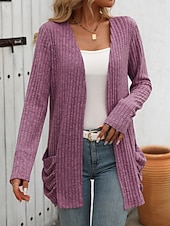 billiga casual jackor-Dam Vinterkappa Bekväm Andningsfunktion Ficka Öppen front Elegant Ledigt Slät Semester Gata Ledigt Dagliga kläder Öppen front Normal Kraglös Normal Långärmad Ytterkläder Rodnande Rosa Rubinrött Blå