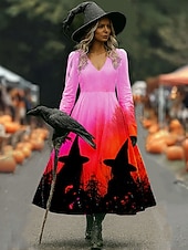 halpa Halloween mekko-Halloween Naisten Midimekko A linjainen mekko Loma Vapaa-aika Häät Juhla Syntymäpäivä Normaali Kukka Kuvitettu Ruusu 3/4 hiha V kaula-aukko Keltainen Punastuvan vaaleanpunainen Sininen Oranssi Kevät