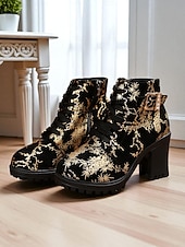 baratos Botas de tornozelo-Botas de cano curto pretas femininas – botas de combate de salto alto e grosso com bordado dourado e detalhe de fivela para festas, saídas à noite e moda streetwear