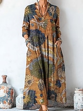 tanie Sukienki boho-Damskie Sukienka maxi Sukienka letnia Plisowana sukienka Urlop Codzienny Boho Wyjściowe Plaża Graficzny W Tureckie Wzory Długi rękaw W serek Fioletowy Brązowy Zielony Szary Wiosna Jesień Zima