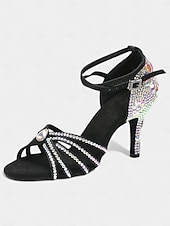 baratos Sapatos de Dança Latina-Sapatos de dança latina pretos com strass para mulheres - saltos brilhantes para festas de salão com tira no tornozelo para salsa, rumba e eventos noturnos