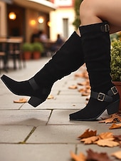 voordelige Slouch-laarzen-Paarse suède knielaarzen voor dames met gespen – western cowboystijl laarzen met blokhak voor herfstmode, Halloween-outfits en outdoor streetwear
