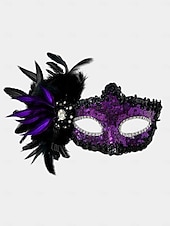 billige Motetilbehør-Damemaske med fjær og paljetter i burgunder med strass, gotisk venetiansk stil, kostymetilbehør til halloween-fester og maskeradeball