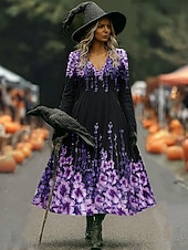 billiga Halloween klänning-Halloween Dam Maxiklänning A linjeklänning Semester Ledigt Boho Strand Normal Blommig Grafisk Långärmad V-hals Mörklila Svart Rodnande Rosa Vin Vår Höst