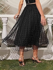 billige Festkjoler-Dame الالتفاف A-linje Mote Fritid Midi Høy Midje Skjørt عادي Lomme Multi Layer Tyll Mikroelastisk Gate Daglig Svart Vår Polyester