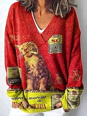 Недорогие Пуловеры и топы-Жен. Кардиган Повседневные Графика Животное Геометрический принт Рельефный узор V-образный вырез Пуговицы С принтом Длинный рукав Обычные топы Вязать на открытом воздухе выходные Красный Синий