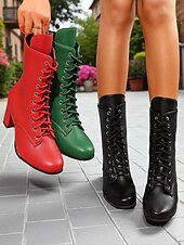 baratos Botas de tornozelo-Botas femininas de couro sintético com cadarço e salto grosso, estilo vintage, perfeitas para looks casuais e retrô.