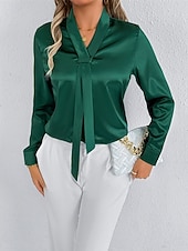  Жен. Рубашка Elegant Нарядный Атласный верх галстук спереди Сплошной цвет Стиль На каждый день Длинный рукав V-образный вырез Обычные топы Повседневные На выход Зеленый Светло-серый Весна Осень