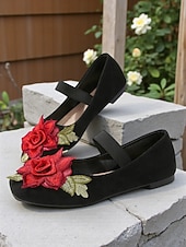 abordables Ballerines femme-Ballerines Mary Jane de Noël pour femmes – Chaussures à brides brodées de roses en faux daim pour les fêtes et au quotidien