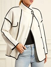 お買い得  ふわふわのスウェットシャツ-女性用 冬物コート ジャケット 保温 快適 ポケット ボタン カジュアル カラーブロック バケーション ストリート お出かけ 週末 レギュラー スタンド レギュラー 長袖 アウターウェア ホワイト コーヒー 秋 冬