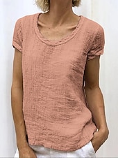 Women's Shirt Blouse Cotton Linen Shirts Plain Basic Short Sleeve Round Neck Regular Tops Casual White Pink Sky Blue Green Light Grey 13