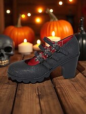 abordables Pour les femmes-Escarpins Mary Jane à talons épais pour femme, chaussures de soirée gothiques noires avec brides à boucle chauve-souris, pour déguisement, soirée et cosplay.