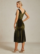  Damen Midikleid Trompeten- Meerjungfrauenkleid Elegant Party Hochzeitsgast Cocktailparty Normale Passform Einfarbig Ärmellos Wasserfallausschnitt Olive