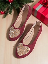 cheap Women&#039;s Christmas Shoes-Women&#039;s Burgundy Faux Suede Flats with Sparkly Heart Rhinestone Design – Chic Dress Shoes for Ladies, Great for Christmas Parties and Daily Outfits