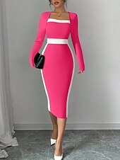 billiga Randig och geometrisk klänning-Dam Midiklänning Sheath Dress Ledigt Helgdag Utekväll Normal Randig Långärmad Fyrkantig hals Svart Fuchsia Mörkblå Vår Höst Vinter
