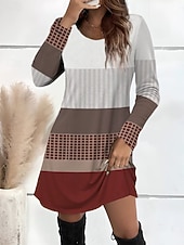 preiswerte Streifen- und geometrisches Kleid-Damen Minikleid T-Shirt-Kleid Sommerkleid A Linie Kleid Lässig Täglich Ausgehen Normale Passform Grafik Geometrisch Langarm Rundhalsausschnitt Rosa Rote Grün Herbst Winter
