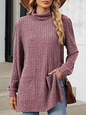 billiga Kvinnors Enfärgade Toppar-Dam Blus Ensfärgat Stylish Ledigt Långärmad Hög hals Långa toppar Dagligen Ficka Svart Rubinrött Blå Kaki Grå Vår Höst Vinter