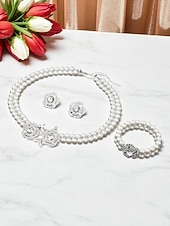 cheap Women&#039;s Necklace-Women&#039;s Pearl Jewelry Set with Crystal Flower Accents - Vintage Gatsby Style Necklace, Earrings and Bracelet for 1920s Party and Cocktail Events