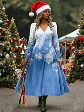 abordables Robes de Noël-Noël Femmes Robe Midi Robe trapèze Vacances Occasionnel Quotidien Coupe régulière Fleuri Graphique manche longue Col en V Jaune Rouge Bleu Vert Printemps Automne Hiver
