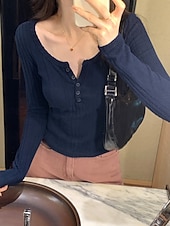 preiswerte Einfarbiges T-Shirt-Damen Bluse Knöpfe Einfarbig Stilvoll Lässig Langarm Rundausschnitt Normale Oberteile Täglich Marineblau Dunkelgray Grau Frühling Herbst Winter