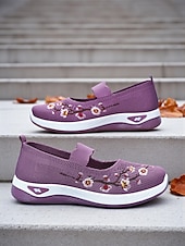economico Sneakers da donna-sneakers da donna modello Mary Jane in Flyknit viola con ricami floreali, scarpe leggere e traspiranti per camminare e per outfit casual